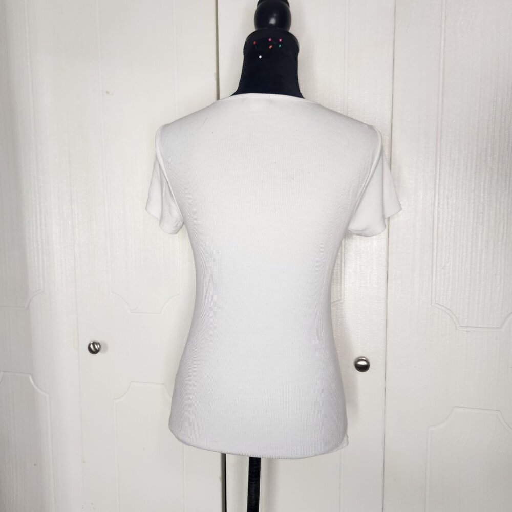 Bebe Y2K White Rhinestone Iconic Logo Ribbed Top - Picture 3 of 9